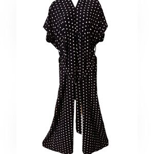 Polka Dot Bell Bottom Jumpsuit w/2 Deep Pockets, 77” Fabric Belt and Halter Neck
